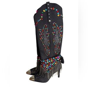 Gianni Bini Kaitrin Rainbow Rhinestone Fringe Bandana Boots Black Denim SZ 6.5